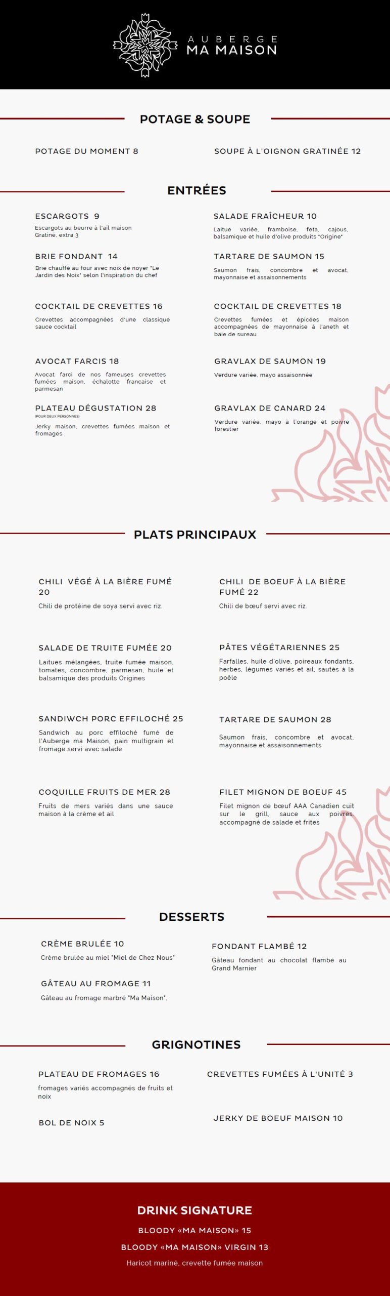 Menu été Auberge Ma Maison 2025
